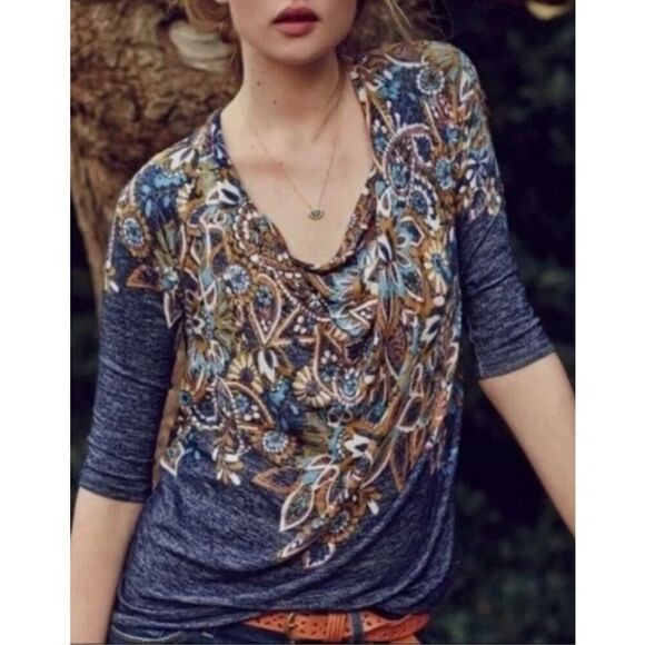 ✨ANTHROPOLOGIE Top Jacaranda Draped Neckline Floral Sz Medium ✨ - Picture 2 of 9